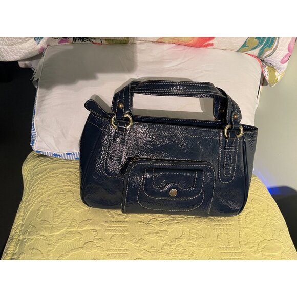 Perlina New York Navy Blue Faux Leather Shoulder Bag With Leopard Print Lining & - Picture 4 of 16